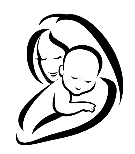 Line-art illustration of a mother cradling her sleeping baby